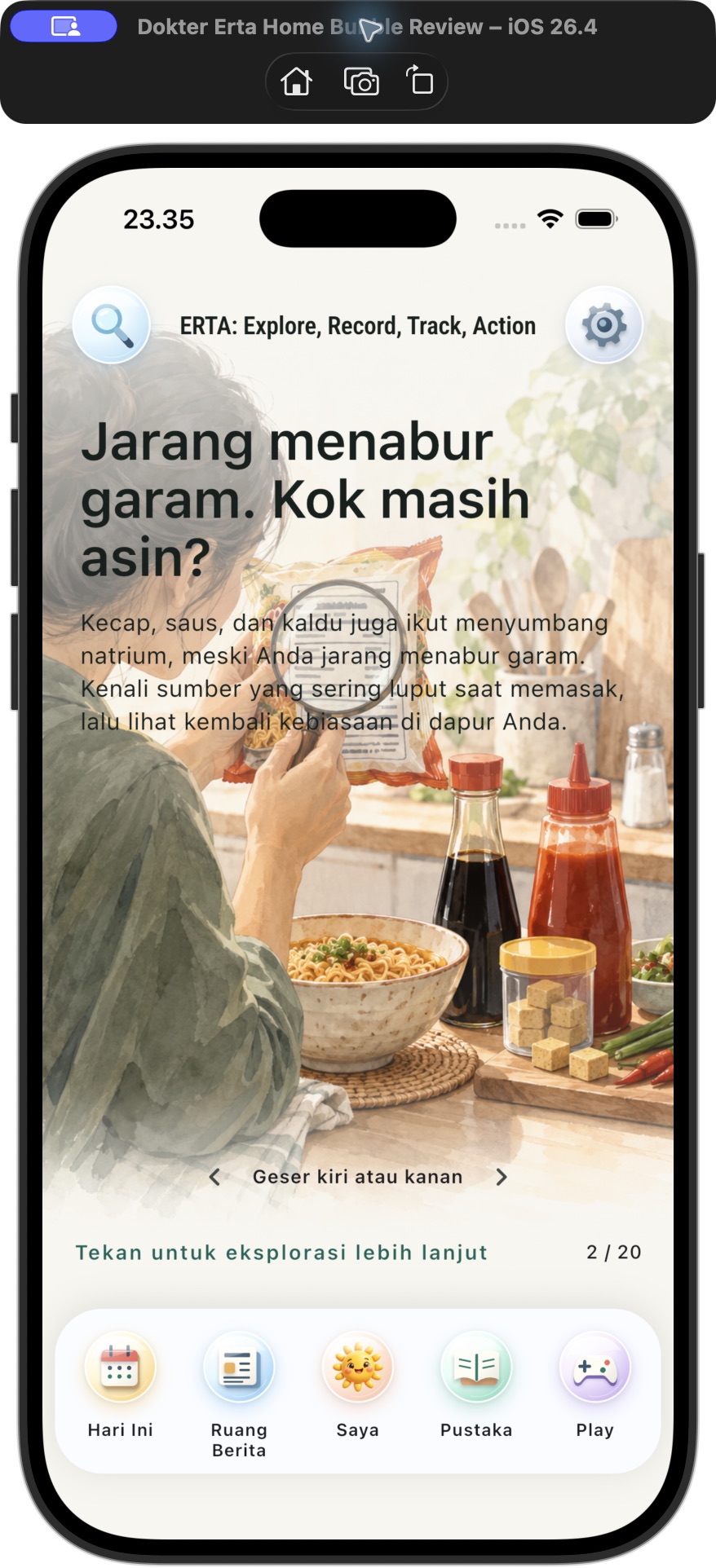 Halaman Utama aplikasi dengan kartu editorial dan lima tab navigasi