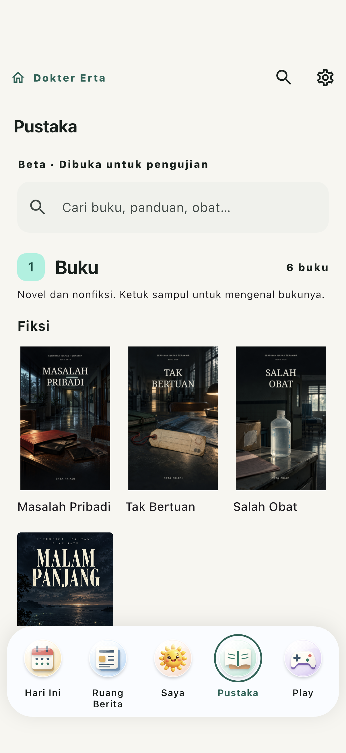 Pustaka aplikasi dengan buku fiksi dan label beta untuk pengujian