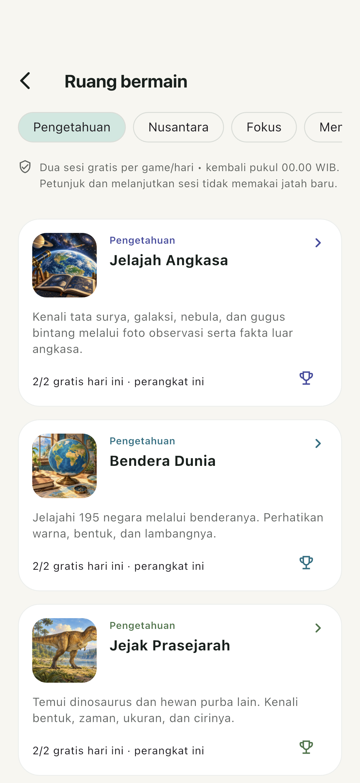 Katalog ruang bermain dengan permainan pengetahuan dalam versi pengembangan
